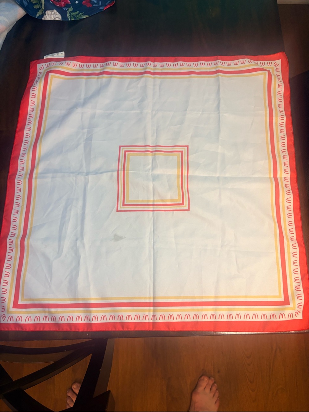 Vintage McDonald’s White and Coral Square Hanky with Geometric Border
